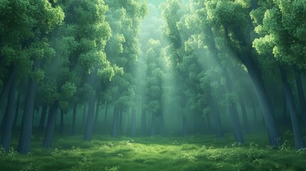 Obraz premium Sunbeams Through Misty Forest Canopy