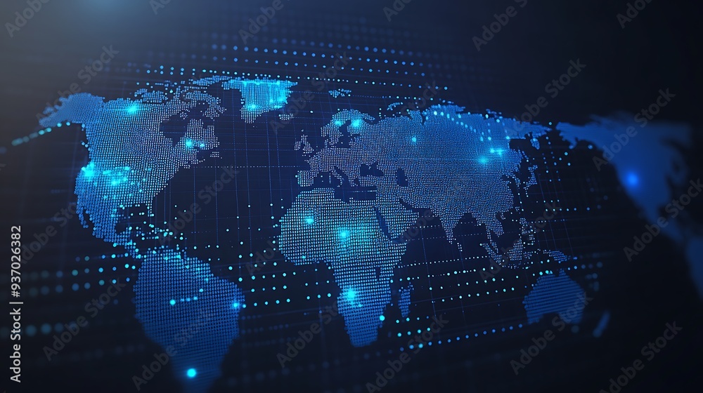 Poster Digital World Map with Glowing Points and Grid Lines