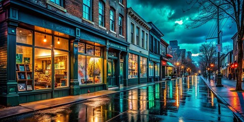 Moody urban streetscape of trendy record stores and independent coffee shops at dusk with rainy reflections on pavement under soft blue-green neon lights.