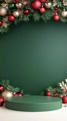 Christmas Podium on Emerald Green: A festive scene with a round podium adorned by a Christmas ornament garland against a rich green backdrop, perfect for holiday product displays.
