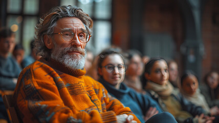 Obraz premium A friendly class scene with elegant men and women in craftsman attire, engaging in conversation, set against a backdrop of others.