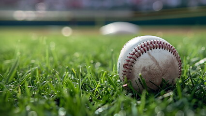 A baseball sits on a green grass field.