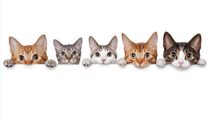 Cats and dogs peeking over white web banner.