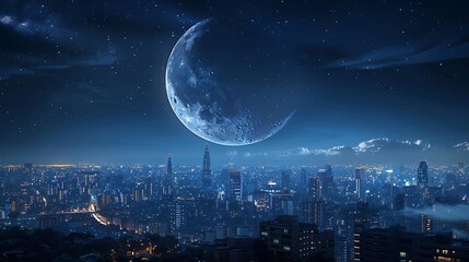 A serene night cityscape with a large moon illuminating the skyline.