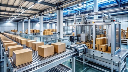 Naklejka premium Sleek Metallic High-Tech Packaging Line Assembly Moving Parts