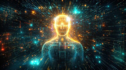 Fototapeta premium Abstract Digital Human with Neon Lights and Data Stream - Futuristic Technology Concept.