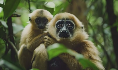 Obraz premium close image of Yellow Cheeked Gibbon monkey (Nomascus Gabriallae) mother with child in the forest. 