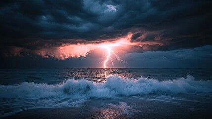 Fototapeta premium Dramatic Lightning Strike Over Ocean Waves at Sunset.