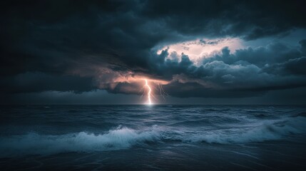 Dramatic Lightning Storm Over Dark Ocean Waves.