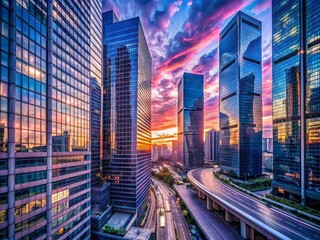 Obraz premium intense dramatic cityscapes depicting pink-tinged sunsets over blue-tinted skyscrapers reflected in sleek glass façades at rush hour