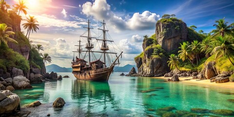 Fototapeta premium Pirate ship anchored in lagoon surrounded by rocks on tropical treasure island