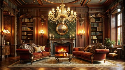 Obraz premium luxurious reading nook opulent velvet sofa oversized marble fireplace ornate gilded mirrors lavish crystal chandelier warm soft glowing lighting rich wood tones