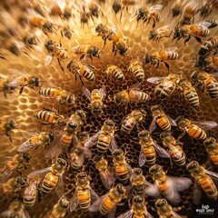 Busy Bees Working Hard on a Honeycomb Close-Up