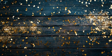 Naklejka premium A top-down view of a dark wooden floor covered in a layer of gold confetti