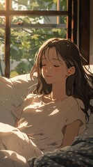 Obraz premium A middle-aged woman stirs awake in a cozy room filled with morning light and greenery, savoring a tranquil moment in bed
