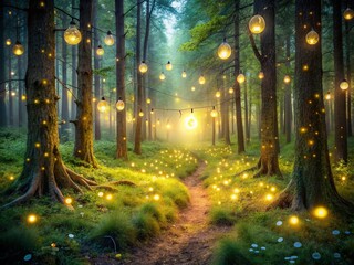 Whimsical Enchanted Forest with Sparkling Fireflies and Twinkling String Lights
