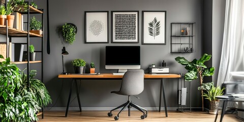 Patterned posters above desk with computer monitor in grey home office interior with plants