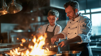 Professional chef teaches a boy cooking with fire in modern kitchen.