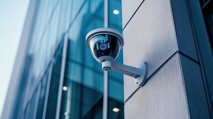 Modern Security Camera Mounted on a Glass Building Wall.