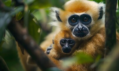Obraz premium close image of Yellow Cheeked Gibbon monkey (Nomascus Gabriallae) mother with child in the forest. 