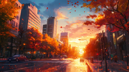 Beautiful City View in Anime Manga Art Style with Cozy Sunset and Clouds