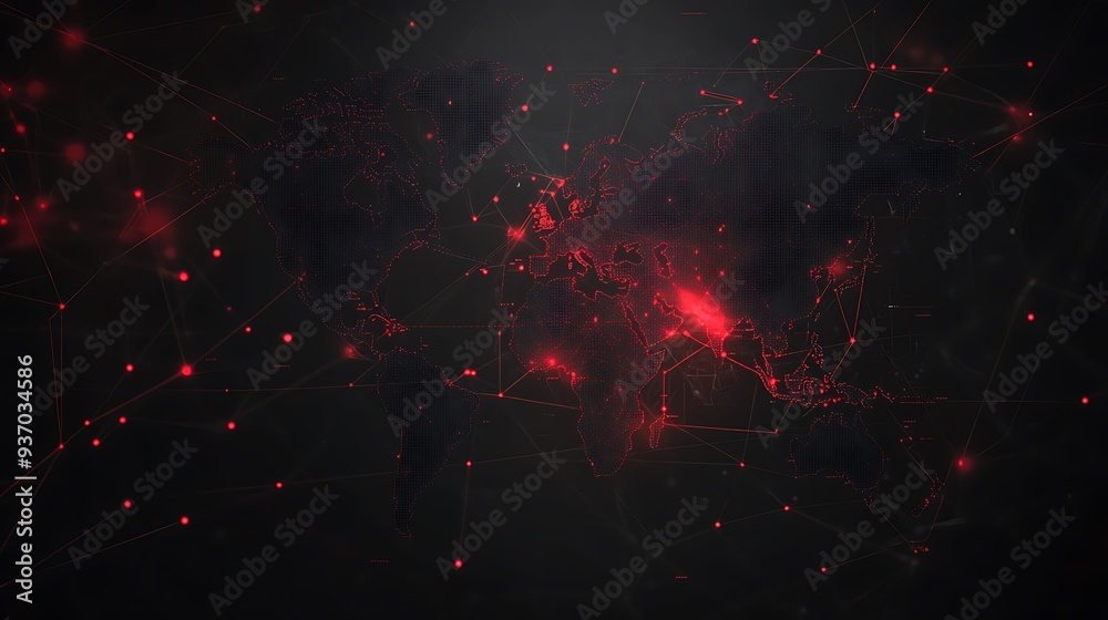 Poster A World Map with Red Lines and Points Connecting Continents