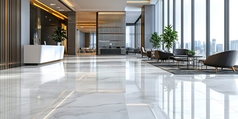 Fototapeta premium A large white marble floor in an office building with a glossy finish, showcasing the elegance of natural stone and its premium quality for commercial environments.