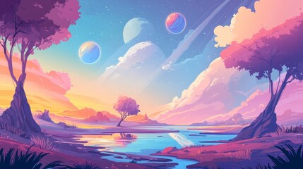 Dreamlike Journey Through Fantasy Landscapes - Flat Design Illustration of Imaginative Otherworldly Scene Transports Viewers to Different Realms