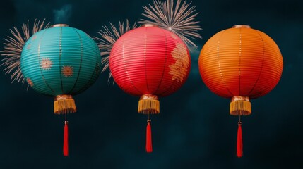 Obraz premium Three Traditional Chinese Lanterns With Festive Fireworks