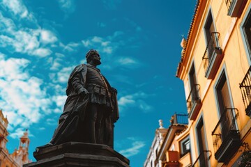 Fototapeta premium Silhouette of an old statue in the center with buildings behind it, blue sky, travel photography