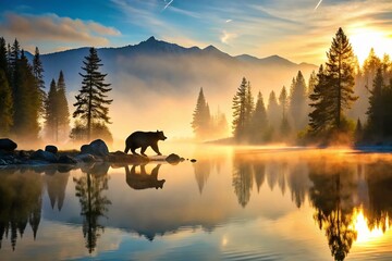 serene misty morning bear silhouette reflection lake tahoe county california