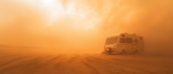 RV in a Sandstorm, Desert Adventure, Dusty Road, Hazy Weather, Travel, RV Lifestyle.