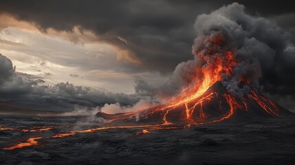 Fototapeta premium Erupting Volcano with Smoke and Lava Flow Against Dramatic Sky