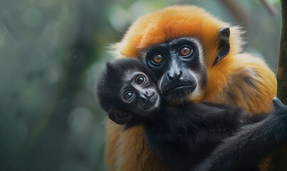 Obraz premium close image of Yellow Cheeked Gibbon monkey (Nomascus Gabriallae) mother with child in the forest. 