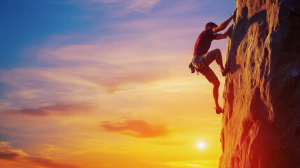 Strong man climbing vertical mountain with dramatic sunset light.