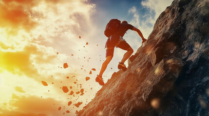 Strong man climbing vertical mountain with dramatic sunset light. Some rocks and dirts falling. Hard and difficult situation concept.