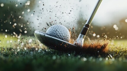 A close-up of a golf club head making contact with the ball, capturing the moment of impact
