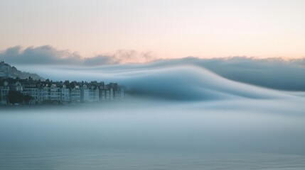 Obraz premium Coastal Town Disappears in a Sea of Fog at Sunrise.