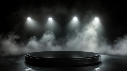 Obraz premium Black Round Podium with Smoke and Spotlights - Product Display Stand Mockup.