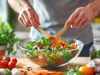 Man Cooking Healthy Salad with Fresh Vegetables and Olive Oil, Digital Tablet in Kitchen, Virtual Cooking Class Concept