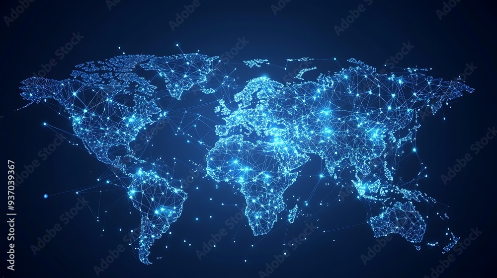 Poster global network connection illustrated as a wireframe world map
