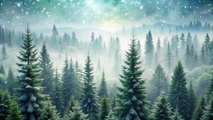 Fototapeta premium Serene evergreen forest snowflakes falling gently soft focus foggy atmosphere monochrome tones peaceful mood silence misty morning winter solitude