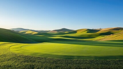 Obraz premium A golf course with rolling hills and a clear blue sky, symbolizing a perfect day for golf