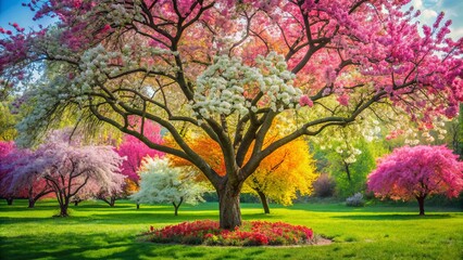Naklejka premium Vibrant blooming tree in full blossom with colorful flowers in a spring garden
