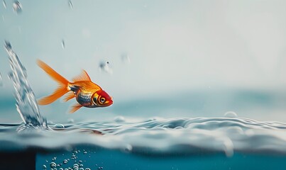 Fototapeta premium Goldfish leaps out of the aquarium to throw itself into the sea.