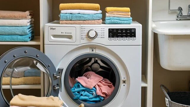 Clean laundry room with stacked towels, washing machine in use, and folded clothes in a basket. Close-ups of soft fabrics handled and clothes hung to dry.