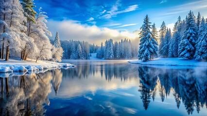Obraz premium Snowy evergreen landscape misty atmosphere frosty air vibrant blue hues serene winter wonderland peaceful silence frozen lake stillness