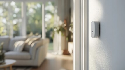 Smart Home Security System with Motion Sensor on White Wall in Modern Living Room.