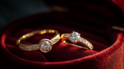 Two gold wedding rings with sparkling diamonds, beautifully arranged in an open red suede jewelry box, the soft suede texture providing a luxurious background, the shine of the gold and diamonds