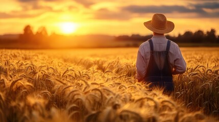Fototapeta premium Farmer Admiring Golden Wheat Field at Sunset - Rural Idyll, Agriculture, Harvest